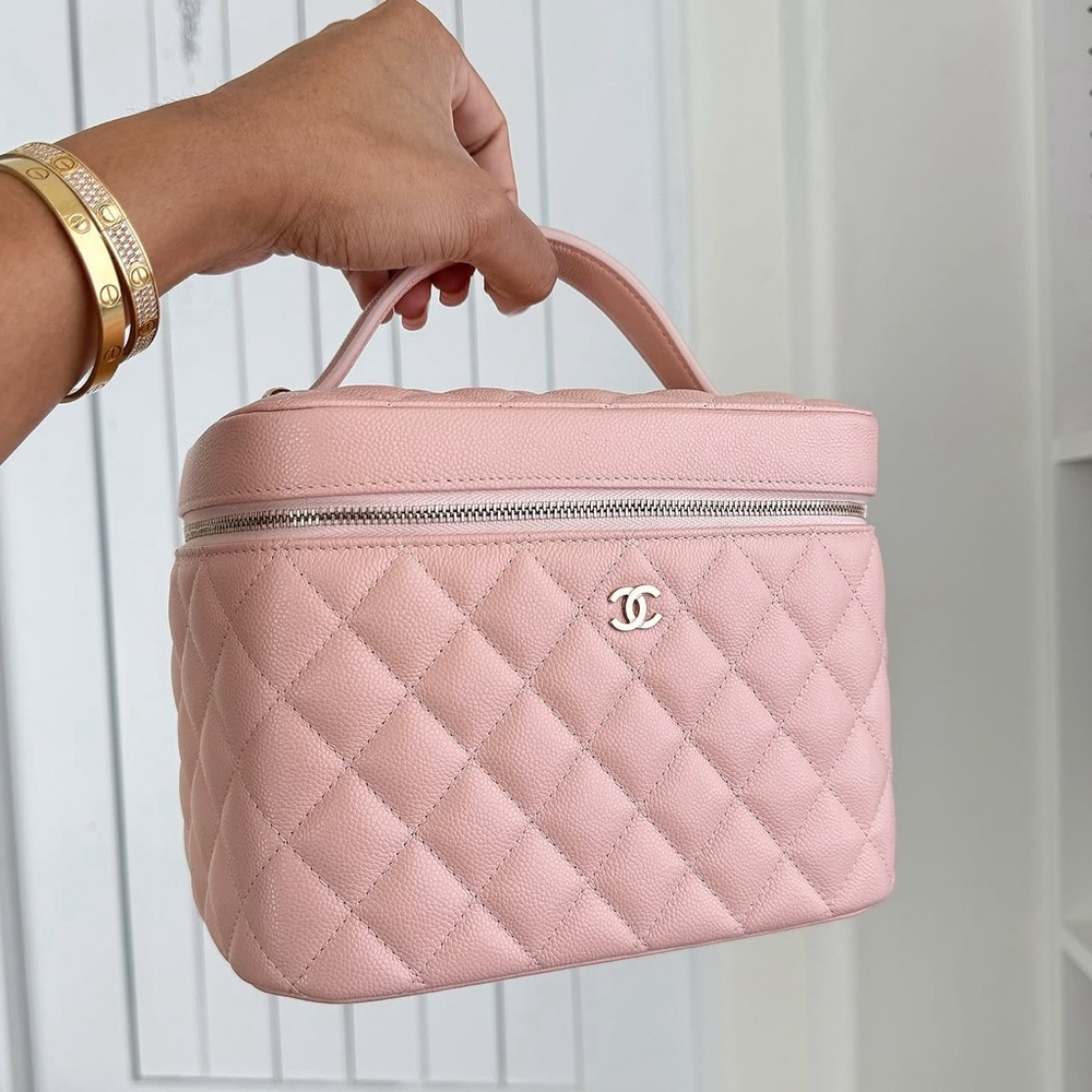 CHANEL Pink Quilted Vanity Case with Silver CC Logo